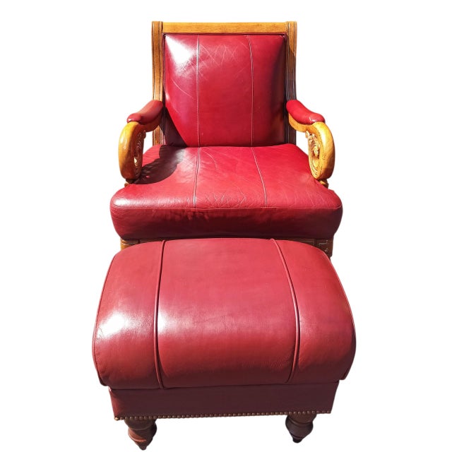 Empire and William IV Periods Inspired Vintage Red Leather Armchair & Ottoman For Sale In Raleigh - Image 6 of 12