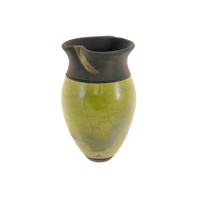 Ceramic Crackle Glaze Chartreuse Studio Art Vase For Sale - Image 7 of 7