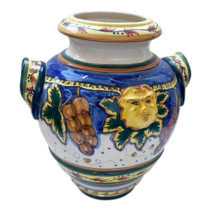 Large 1950s Hand-Painted Italian Vine Ceramic Jar with Bacchus Face
