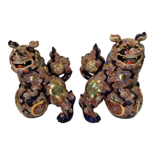 Japanese Taisho Period Cobalt Blue Kutani Foo Dogs Shishi / Temple Lions For Sale