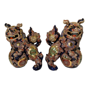 Japanese Taisho Period Cobalt Blue Kutani Foo Dogs Shishi / Temple Lions