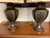 20th century pair of metal urn lamps, hammered finish detail, great angular shades. Base to top of socket measures 20.5”....