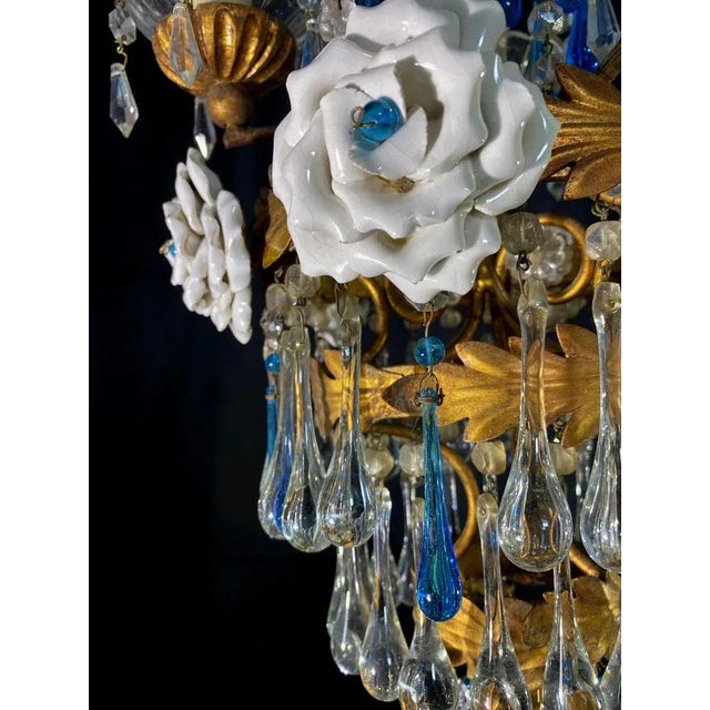 Chandelier with White Roses and Blue Drops, Murano, 1950s For Sale - Image 15 of 18