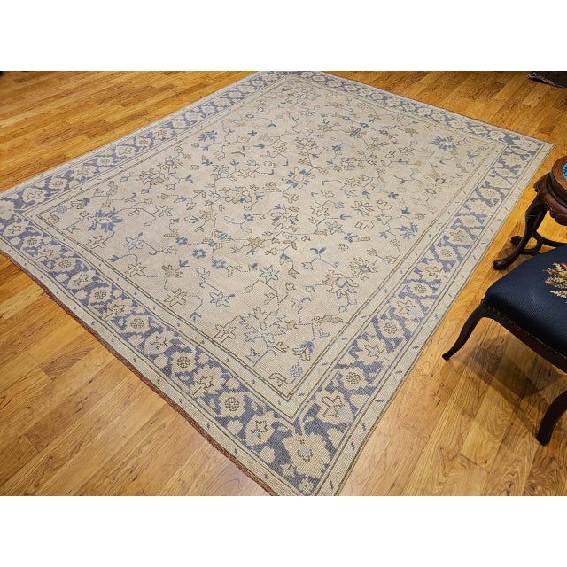 Turkish Vintage Turkish Oushak Room Size Rug, Hand-Knotted Wool, Ivory, Blue, 8' x 10' For Sale - Image 3 of 16