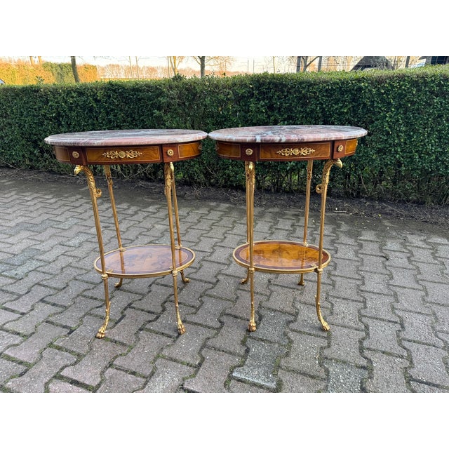 1980 French Louis XVI Gold Mahogany Marble Side Tables 2pc For Sale - Image 12 of 17