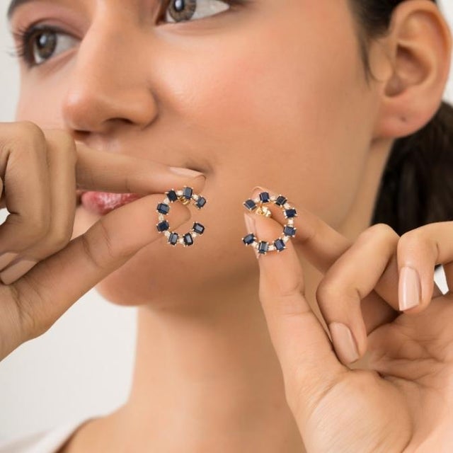 4.07ct Sapphire Diamond Geometric Open Hoop Earrings in 14k Yellow Gold- A Pair For Sale - Image 9 of 14