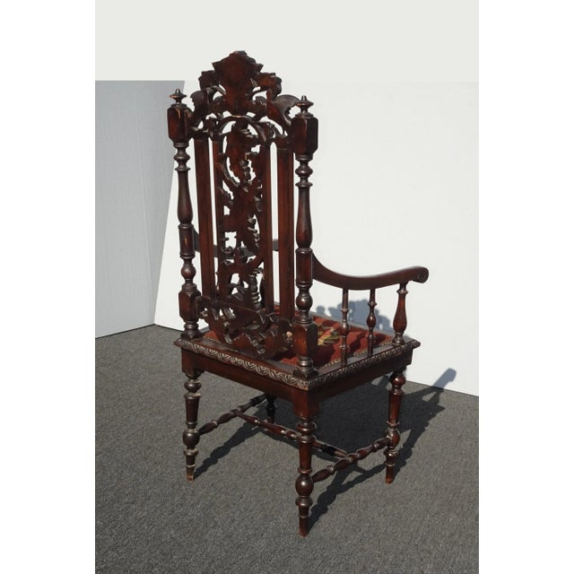 Vintage Spanish Style Highly Carved Throne Chair Needlepoint Floral Seat ~ Victorian For Sale In Los Angeles - Image 6 of 13