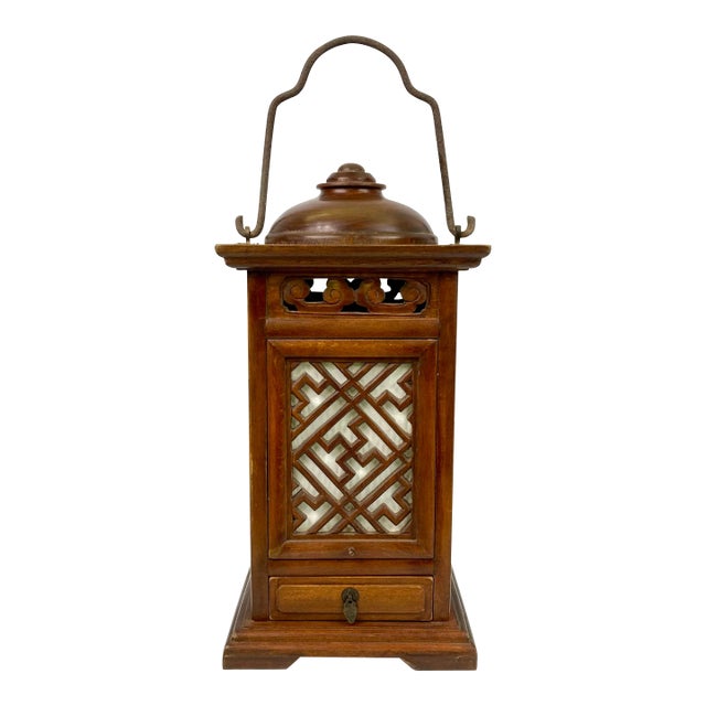 20th Century Hand Carved Wooden Lantern With Lattice Siding and a Drawer For Sale