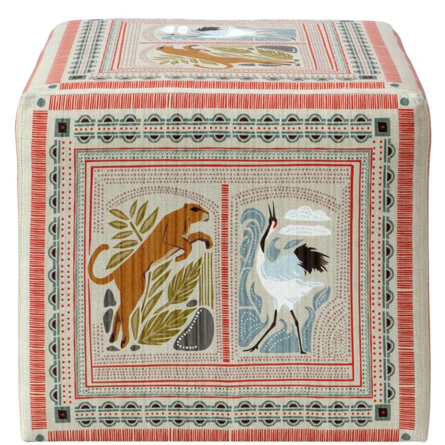 Contemporary Cube Ottoman in Fauna Multi For Sale - Image 3 of 6