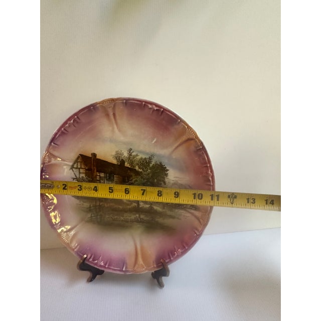 Blush Antique Franz Anton Mehlem Bonn Germany 11" Diameter Porcelain Decorative Plate Scallop Edges Landscape Scene For Sale - Image 8 of 18