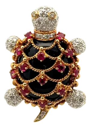 Diamond Ruby Black Onyx 18k Gold Turtle Brooch-Pendant