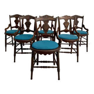 Set of 6 Antique Victorian Eastlake Walnut Dining Chairs With Burled Shield Backs For Sale