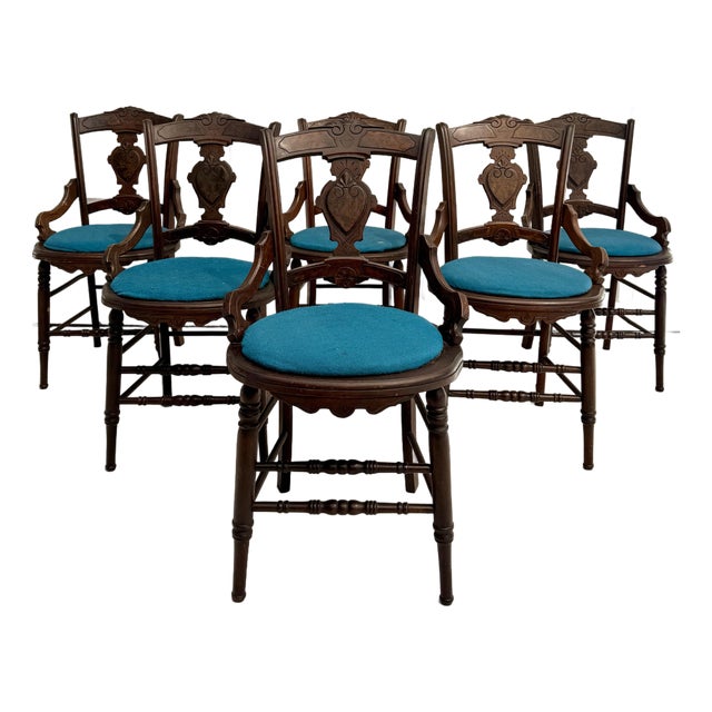 Set of 6 Antique Victorian Eastlake Walnut Dining Chairs With Burled Shield Backs For Sale