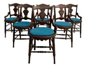 Set of 6 Antique Victorian Eastlake Walnut Dining Chairs With Burled Shield Backs