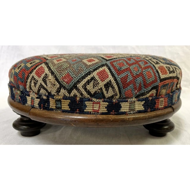 Antique Needlepoint and Wood Round Footstool | Chairish