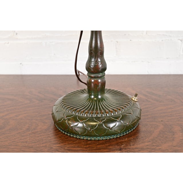 Tiffany Studios Arts & Crafts Bronze Double Arm Student Lamp With Stained Leaded Glass Acorn Shades For Sale In South Bend - Image 6 of 12