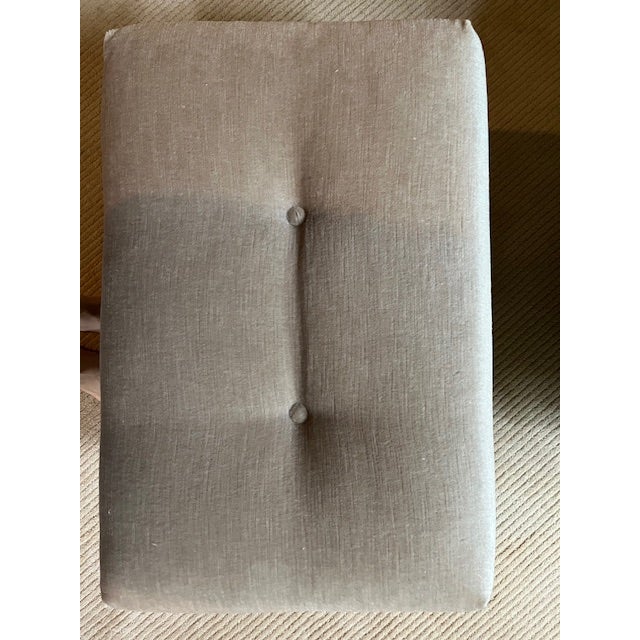 Wood Vintage Wingback Lounge Chair and Custom Ottoman Reupholstered in Pollack Fabric For Sale - Image 7 of 11