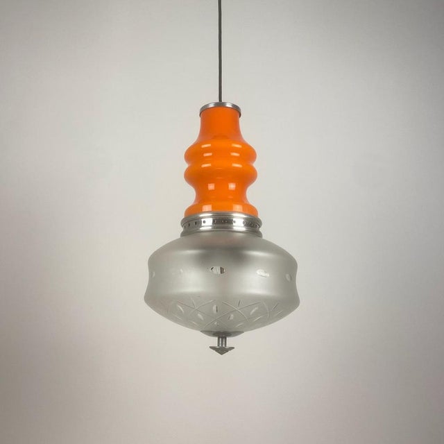 Mid-Century Modern Mid-Century Orange & Frosted Glass Pendant Lamp from Targetti, Italy, 1970s For Sale - Image 3 of 6