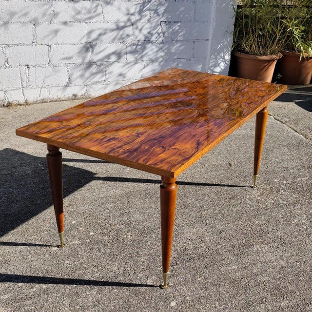Mid-Century Modern Flamed Wood Veneer Dining Table with Brass Feet, 1960s For Sale - Image 3 of 18