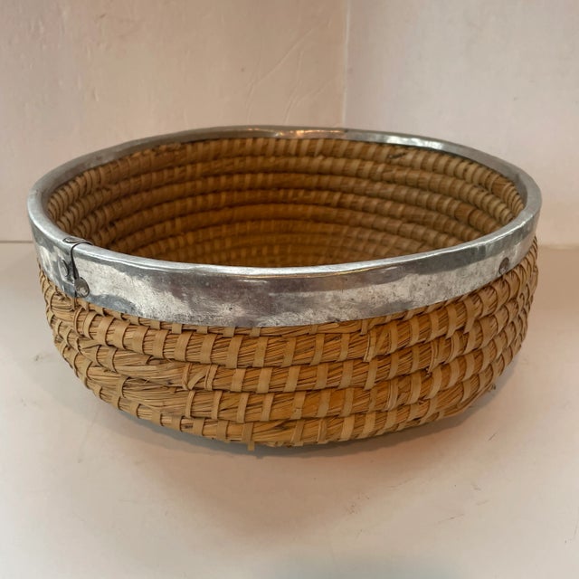 Handwoven Coil Basket With Metal Band 12" For Sale - Image 9 of 9