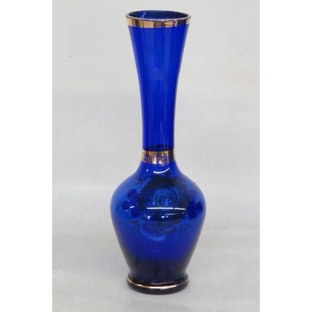 Mid-Century Modern Cobalt Blue and Gold Hand Painted Flowers Czech Bohemian Glass Bud Vase For Sale - Image 3 of 13