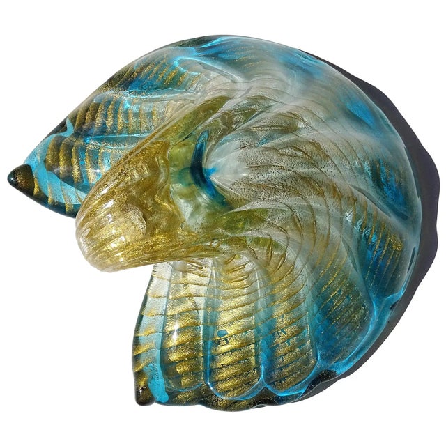 Glass Vintage Murano Barovier Toso Blue Rim Gold Flecks Ribbed Surface Italian Art Glass Seashell Sculptural Bowl For Sale - Image 7 of 10