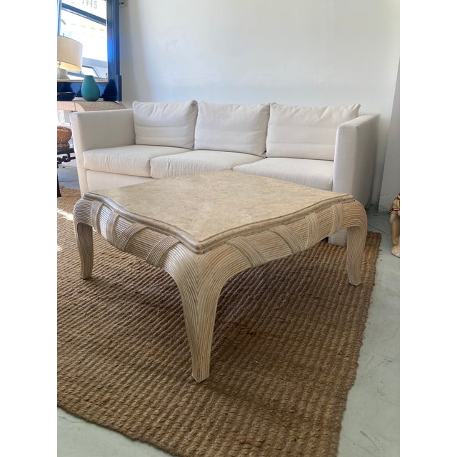 French Gabriella Crespi Pencil Reed Rattan Coffee Table With Inset Tessellated Stone Top For Sale - Image 3 of 10