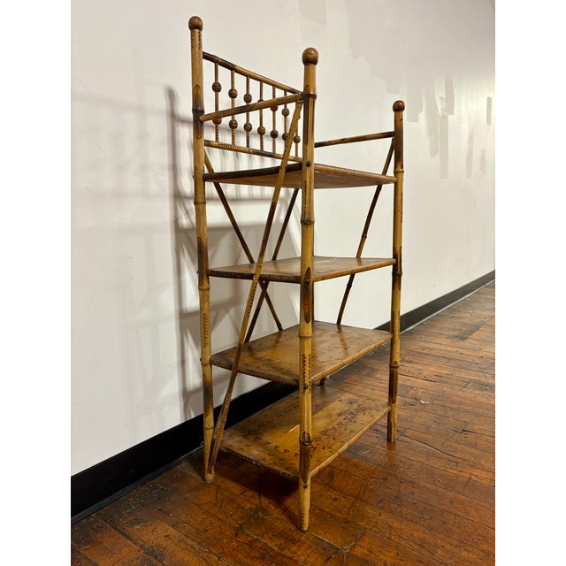 Tan Antique English Scorched or Burnt Bamboo Etagere / Bookcase Shelving For Sale - Image 8 of 9