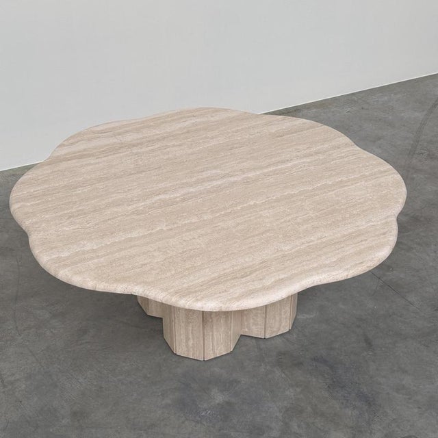 Diameter: 110 cm height: 43 cm an exceptional sculptural coffee table crafted entirely from beautiful natural travertine,...