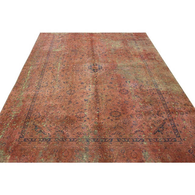 Mid 20th Century Vintage Overdyed Handmade Rust Floral Wool Rug For Sale - Image 5 of 12