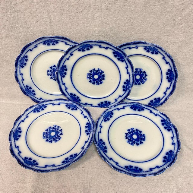Ceramic Antique Flow Blue Luncheon Plates, Lorne Clovers by Grindley - Set of 5 For Sale - Image 7 of 11