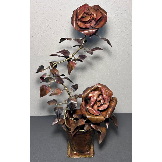 Up for sale is a Vintage 1960’s American Brutalist Welded Copper/Brass Roses in Flower Pot Sculpture! It measures 19 3/4”...