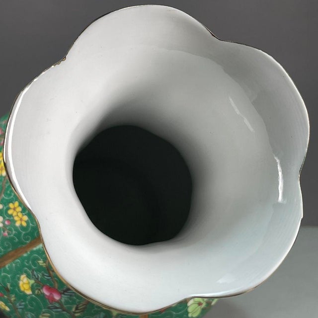 Vintage 1960s Chinese Green Ground Famille Rose "Fruits" Lobed Vase With Original Label For Sale - Image 9 of 9