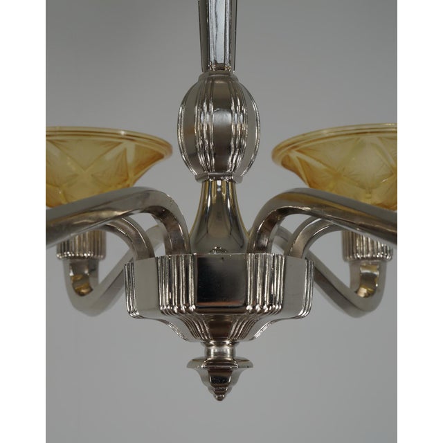 Amber Hanots French Art Deco 6-Arm Chandelier 1930s - Honey Amber Glass & Nickel For Sale - Image 8 of 13