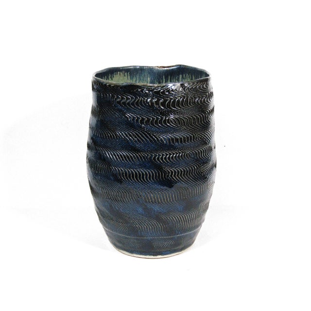 2000 - 2009 Organic Modern Blue Textured Studio Pottery Vase For Sale - Image 5 of 9