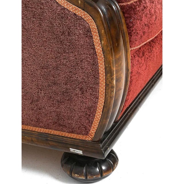 Wine 1940s Swedish Art Deco Traditional Transition Sofa Velour Upholstery & Carved Arms For Sale - Image 8 of 15