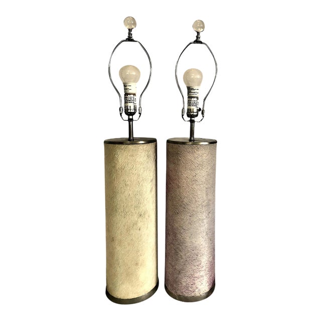 A Pair of Mid-Century Hair-on-Hide Wrapped Table Lamps With Brass Trim For Sale