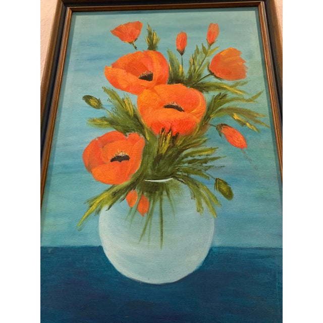Mid-Century Modern Vintage Painting of Colorful Poppies in a Vase For Sale - Image 3 of 4