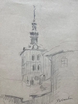 Benjamin II Vautier, Bell Tower, Graphite on Paper