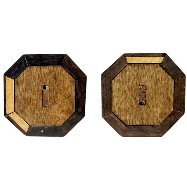 Pair Antique Italian Marquetry Inlaid Wood Candlestick Holders With Octagonal Base For Sale - Image 4 of 18
