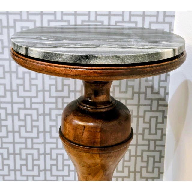 Mid 20th Century Vintage Baluster Turned Wood Pedestal Accent Table With Gray Marble Top For Sale - Image 5 of 10