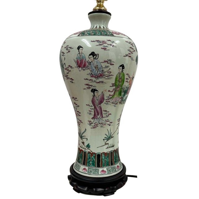 Mid-20th Century Vintage Chinese Hand-Painted Porcelain Vase Table Lamp For Sale - Image 4 of 18