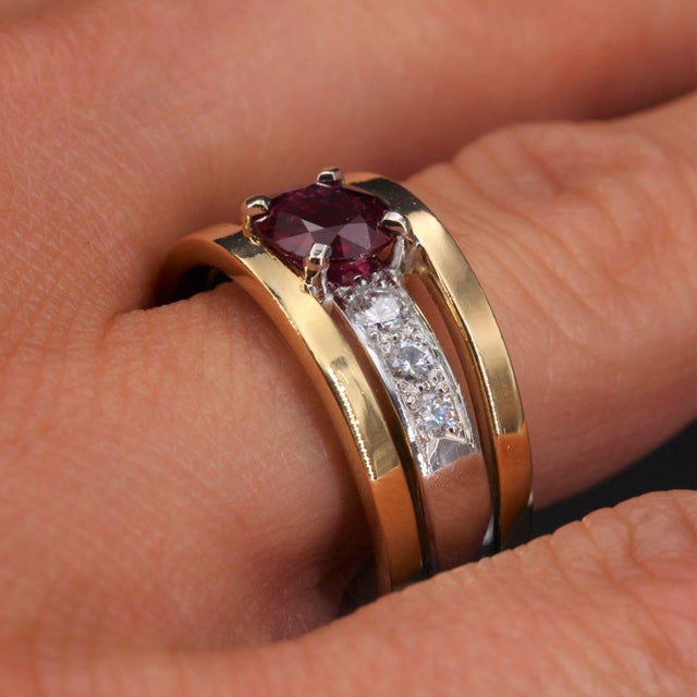 French Modern Ruby Diamonds 18 Karat Yellow And White Gold Ring Size 7. ...