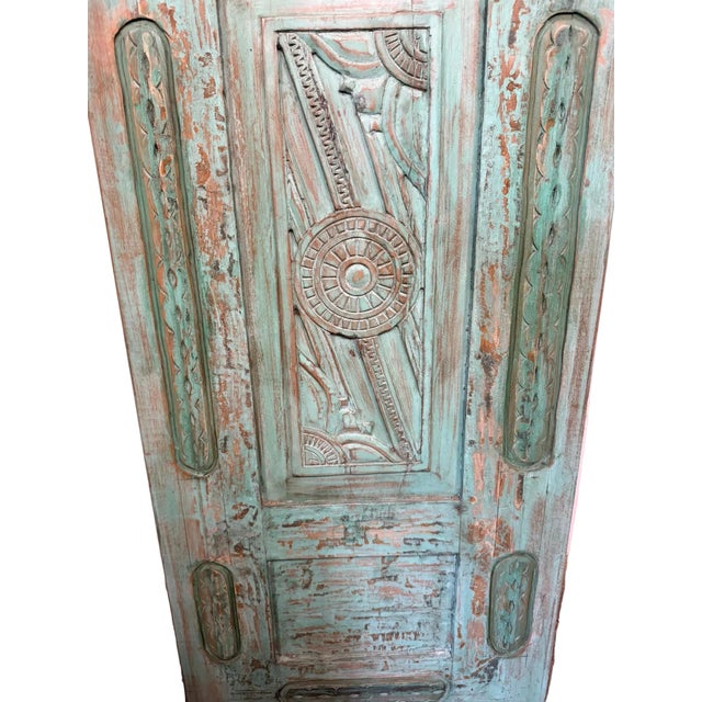 Vintage Green Floral Carved Wood Door – Antique Indian Sliding Barn Door Statement Panel 96x29.5 For Sale - Image 4 of 8