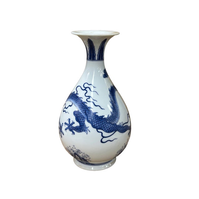 Asian Vintage Marks Blue White Dragon Theme Porcelain Art Vase For Sale - Image 3 of 8