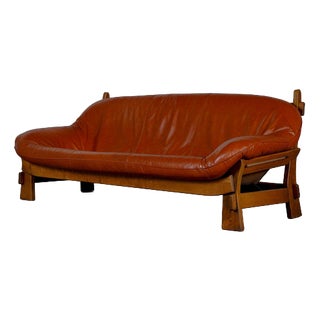 Rustic Oak and Leather 3-Seater Sofa, France, 1970s For Sale