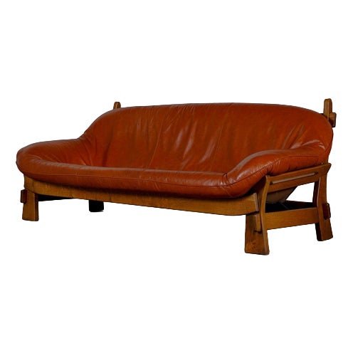 Rustic Oak and Leather 3-Seater Sofa, France, 1970s For Sale