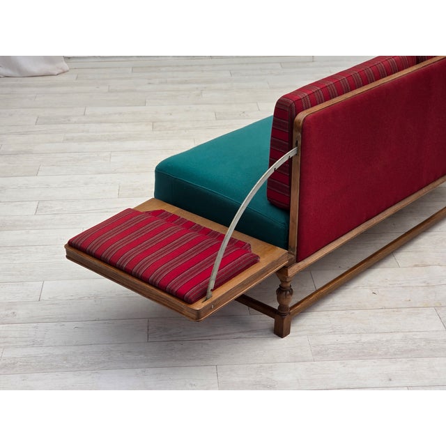Danish 2-Seater Drop Arm Sofa in Striped Red Wool and Oak, 1950s For Sale - Image 15 of 18