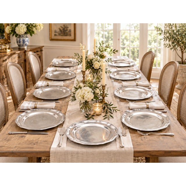 Classic Wilton Ware pewter chargers of traditional form. A set of 10, as shown in images.