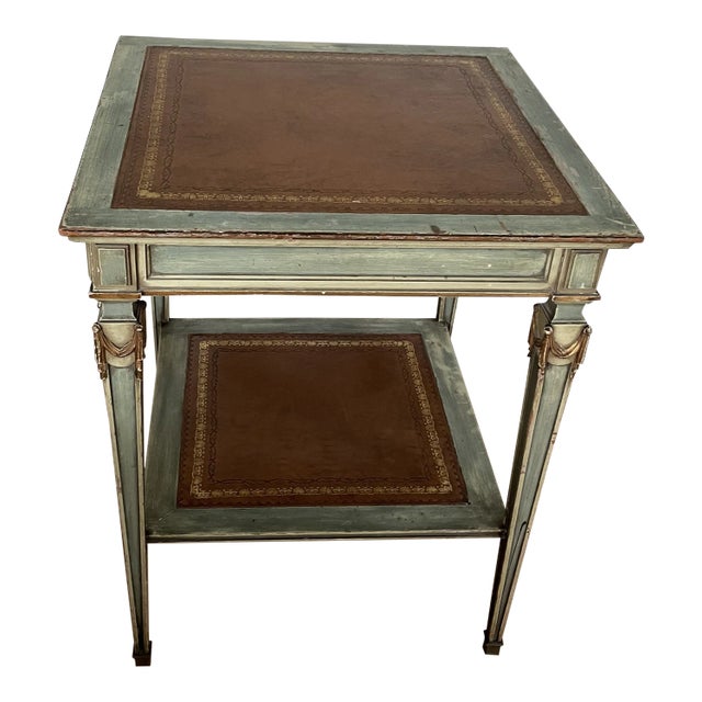 1990s Vintage French Empire Distressed Green Patina and Leather Tooled Inset Side Table For Sale